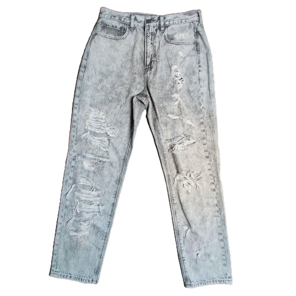 American Eagle Mom Jeans Womens Size 8 Gray Acid Wash Distressed Denim